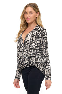 Abstract Print Long Sleeve Surplice Blouse – Black & Cream Draped V-Neck Top