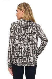 Abstract Print Long Sleeve Surplice Blouse – Black & Cream Draped V-Neck Top