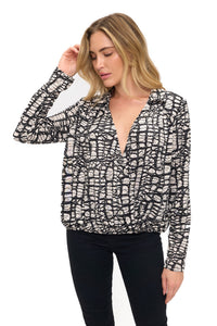 Abstract Print Long Sleeve Surplice Blouse – Black & Cream Draped V-Neck Top