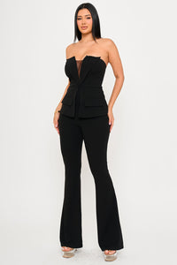 Black Strapless Collar Detail Peplum Flare Jumpsuit