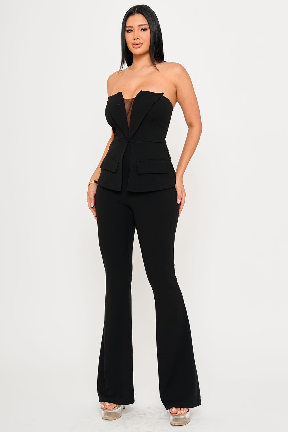 Black Strapless Collar Detail Peplum Flare Jumpsuit