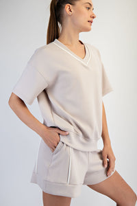 Nude V-Neck Oversized Sweatshirt with Contrast Trim