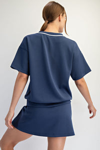Blue V-Neck Oversized Sweatshirt with Contrast Trim