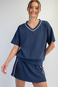Blue V-Neck Oversized Sweatshirt with Contrast Trim