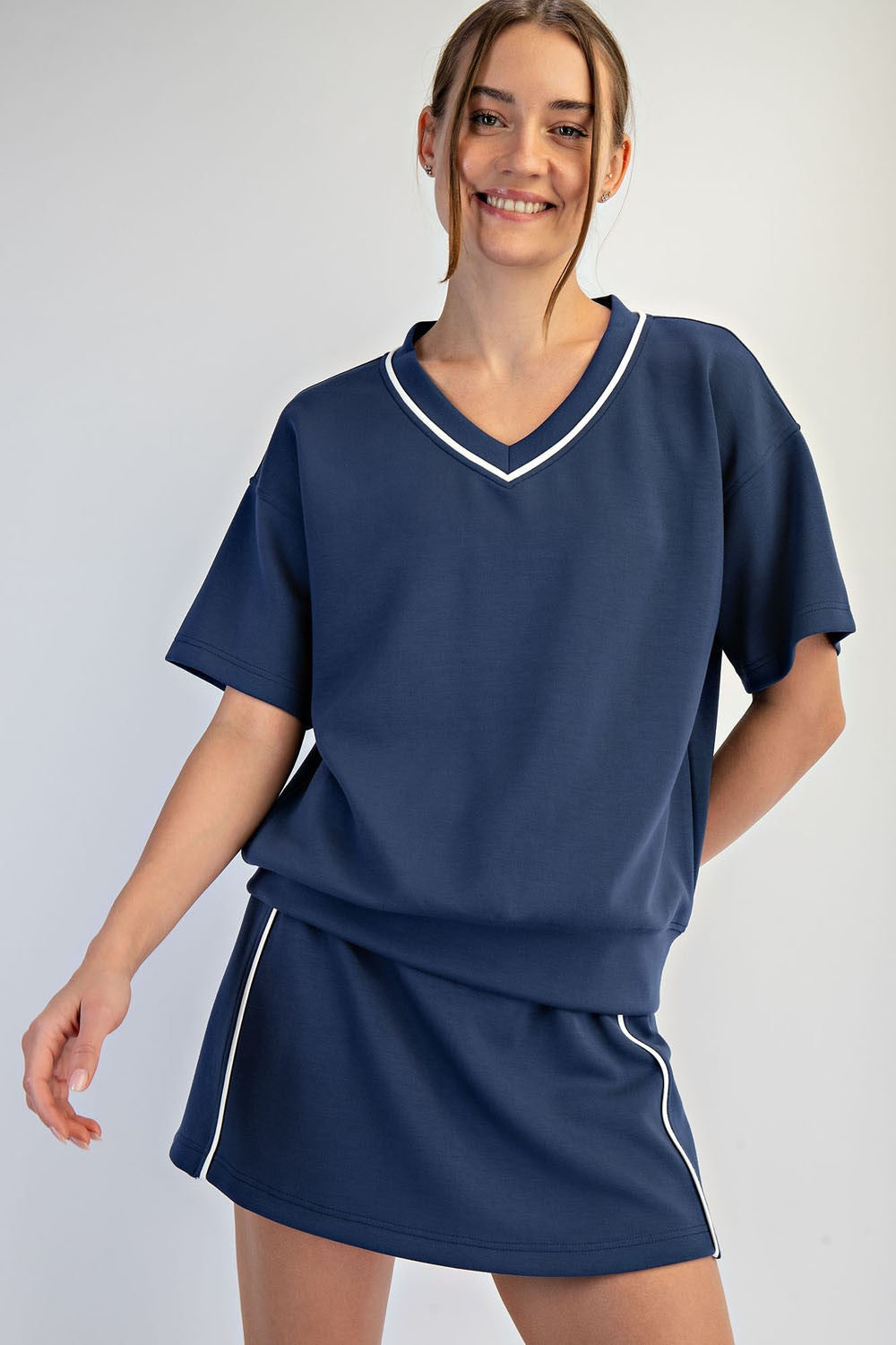 Blue V-Neck Oversized Sweatshirt with Contrast Trim