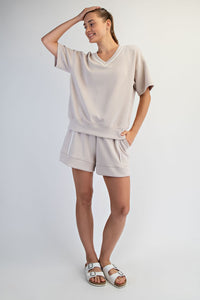 Nude V-Neck Oversized Sweatshirt with Contrast Trim