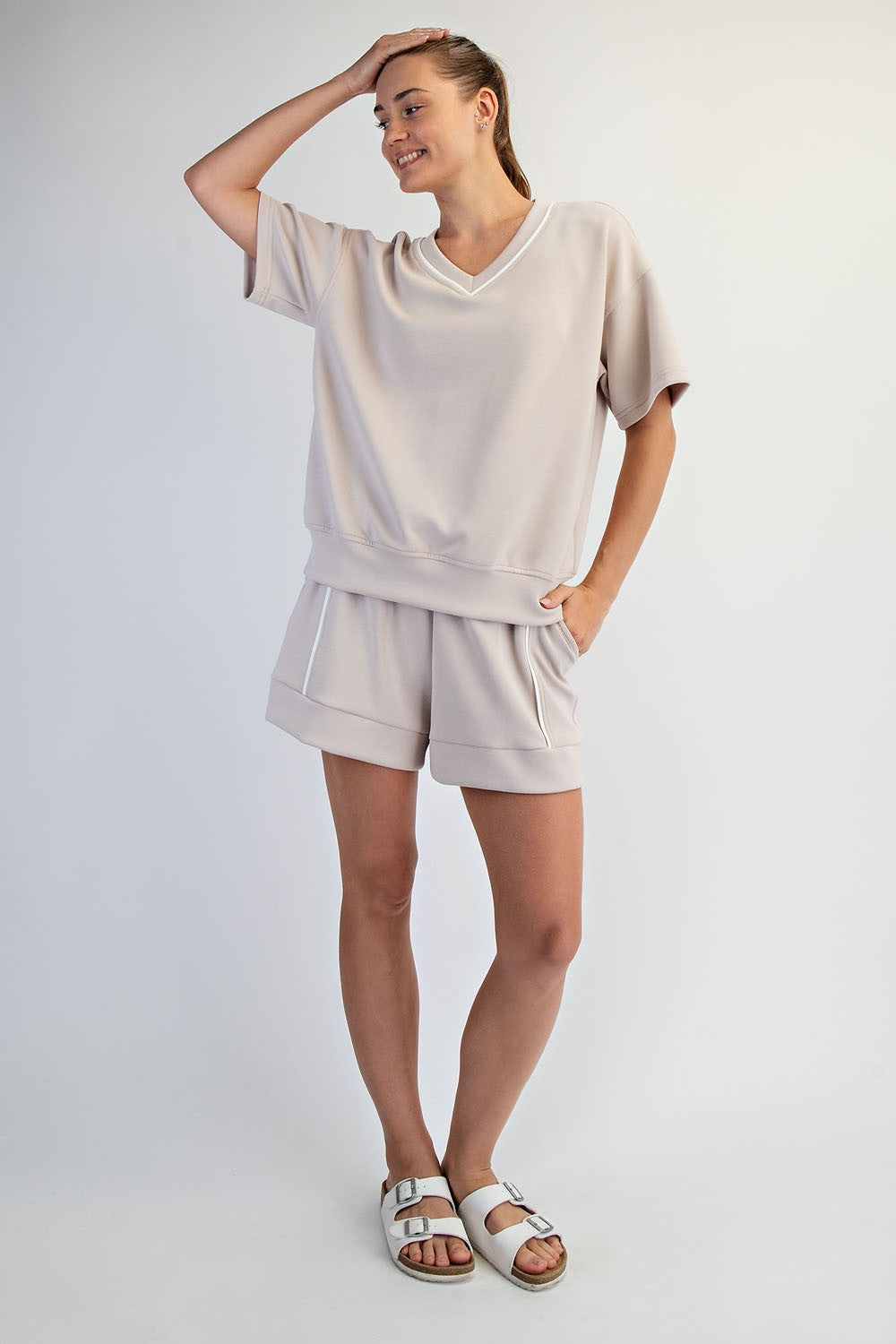 Nude V-Neck Oversized Sweatshirt with Contrast Trim