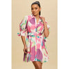 Pink Watercolor Bloom Belted Shirt Dress