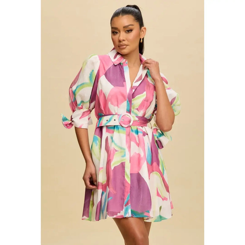 Pink Watercolor Bloom Belted Shirt Dress