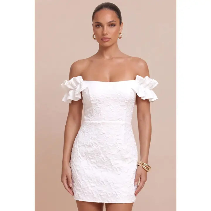 White Off-Shoulder Mini Dress with Ruffle Sleeves and Textured Fabric