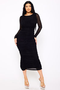 Black Rhinestone Mesh Ruched Long Sleeve Midi Dress