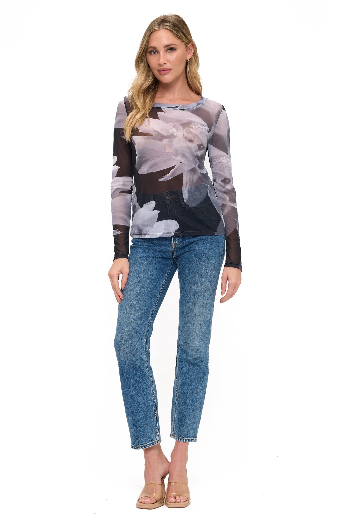 Black Sheer Floral Mesh Long Sleeve Top