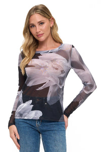 Black Sheer Floral Mesh Long Sleeve Top