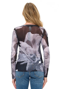 Black Sheer Floral Mesh Long Sleeve Top