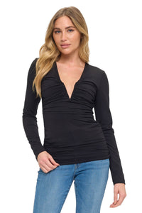 Black Ruched V-Neck Bell Sleeve Blouse