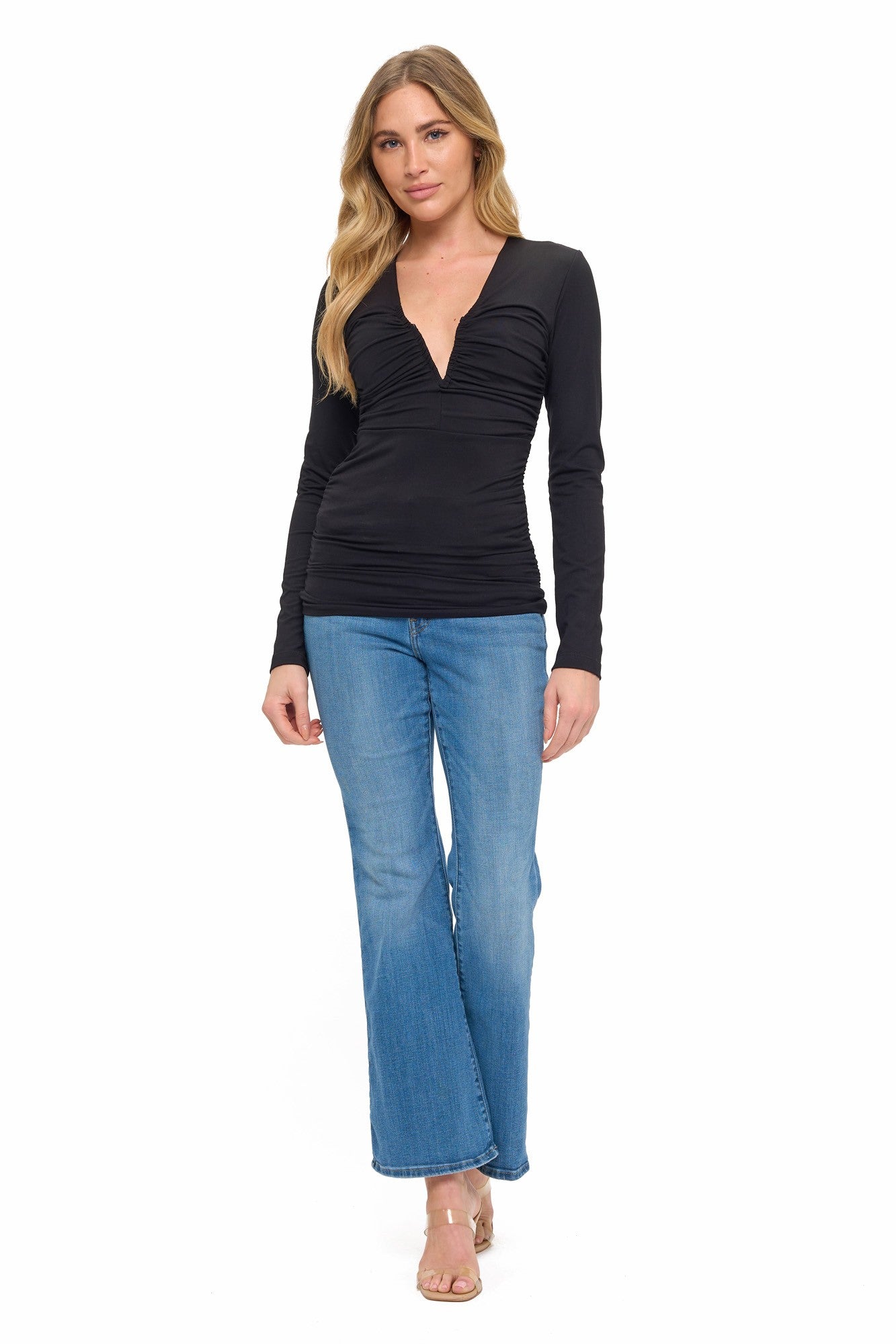 Black Ruched V-Neck Bell Sleeve Blouse
