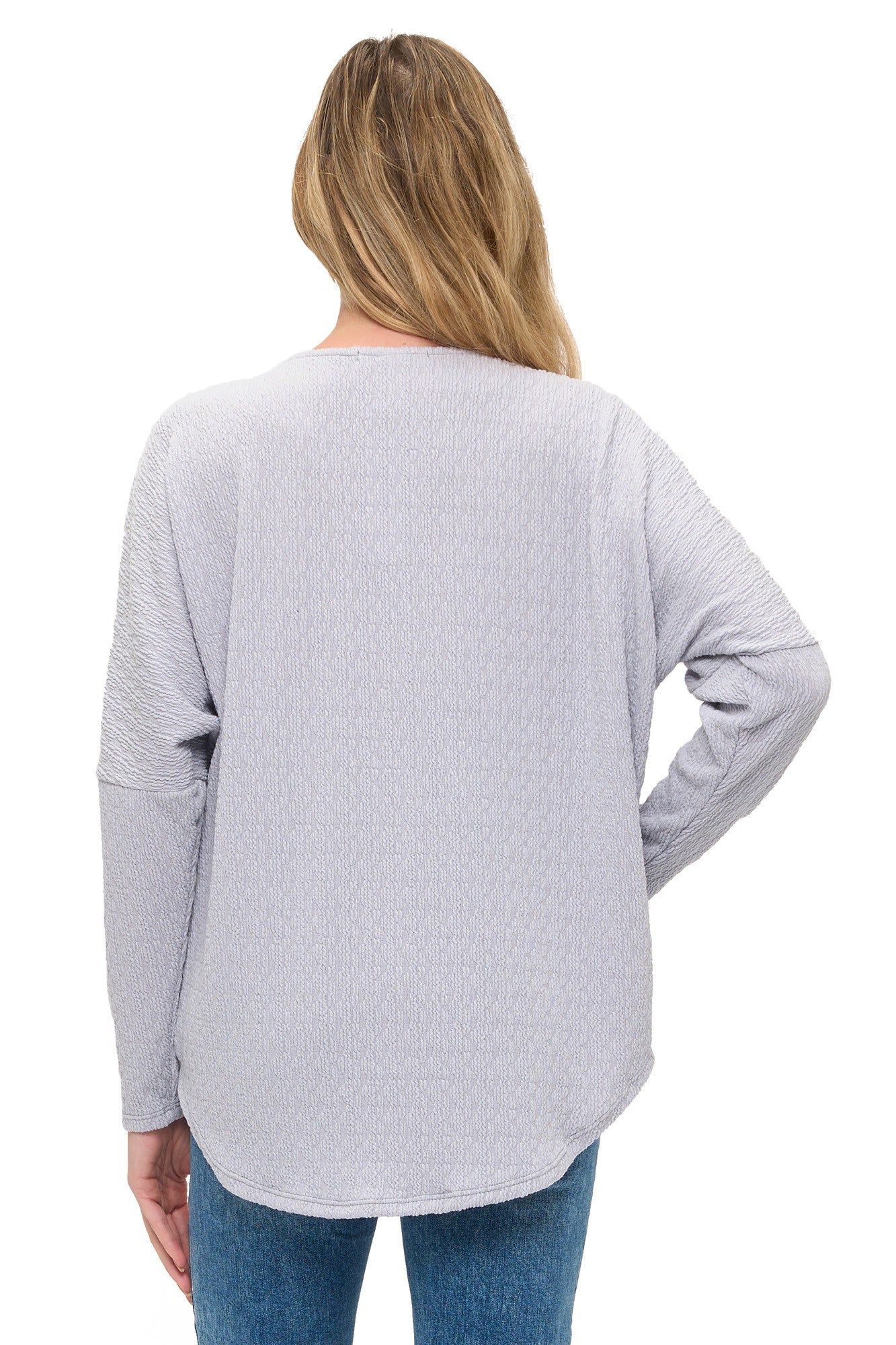 Silver Textured Zip Front Long Sleeve Top