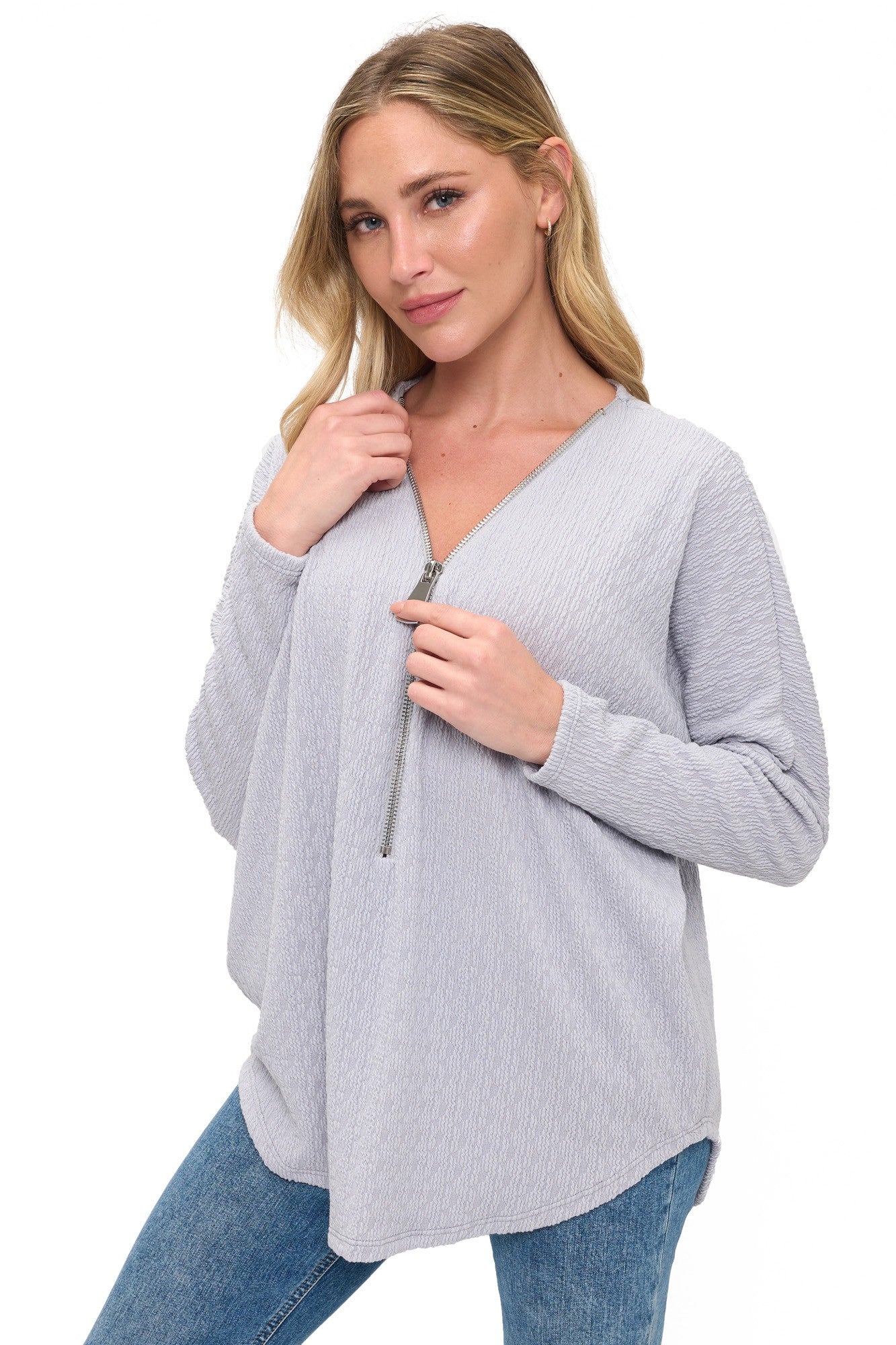 Silver Textured Zip Front Long Sleeve Top