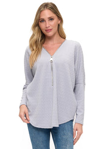 Silver Textured Zip Front Long Sleeve Top
