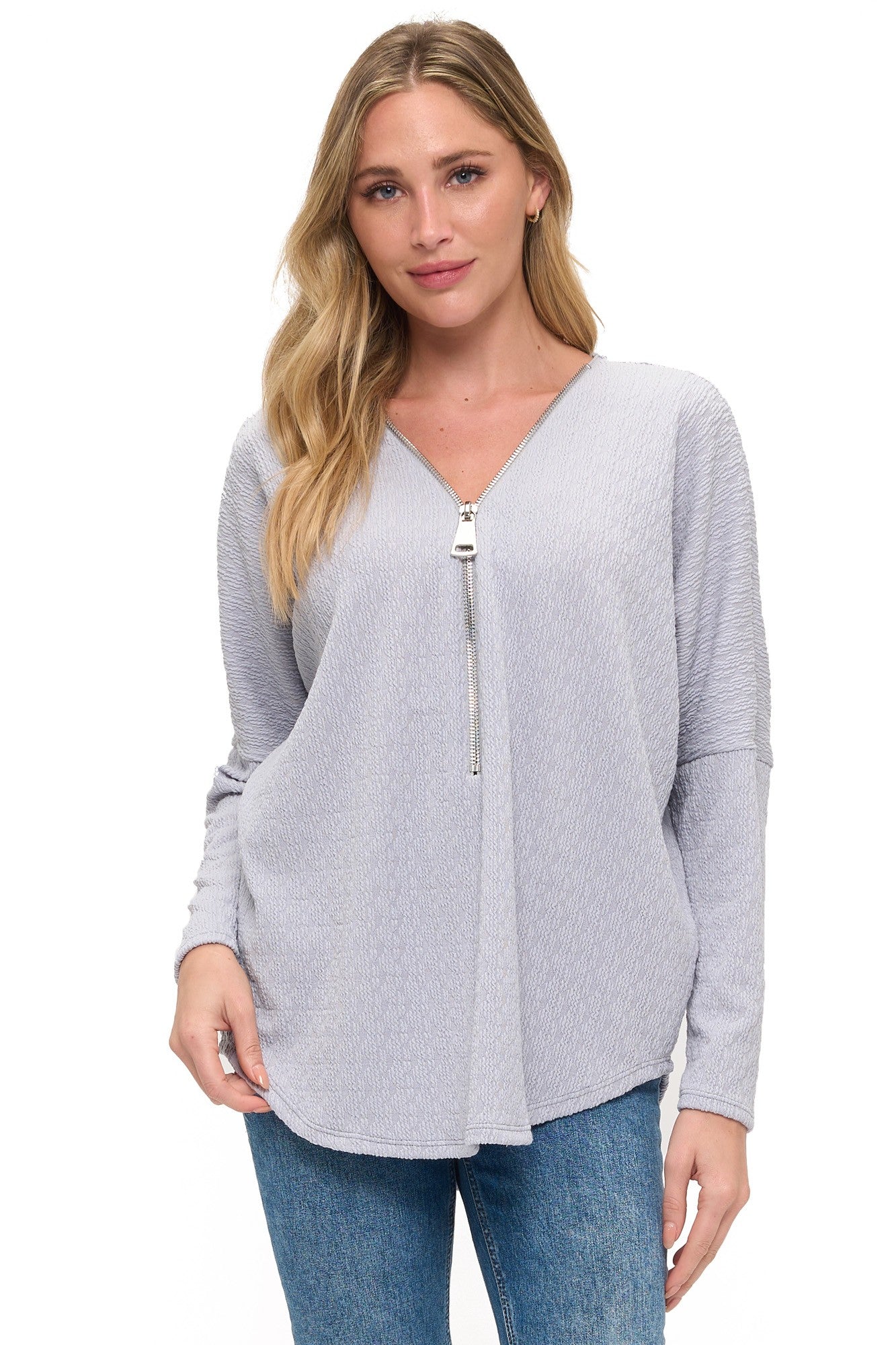 Silver Textured Zip Front Long Sleeve Top