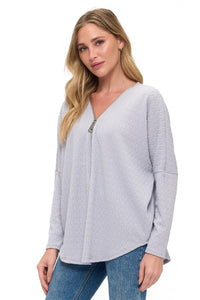 Silver Textured Zip Front Long Sleeve Top