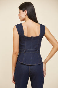 Dark Wash Denim Corset Top with Belted Waist