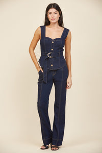 Dark Wash Denim Corset Top with Belted Waist