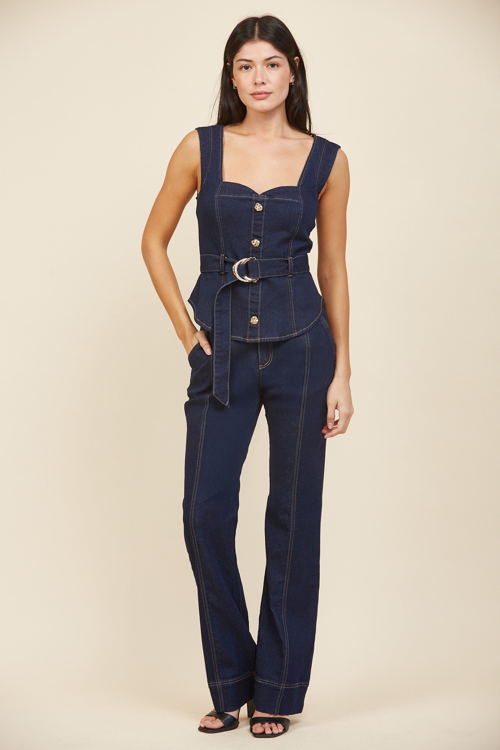 Dark Wash Denim Corset Top with Belted Waist