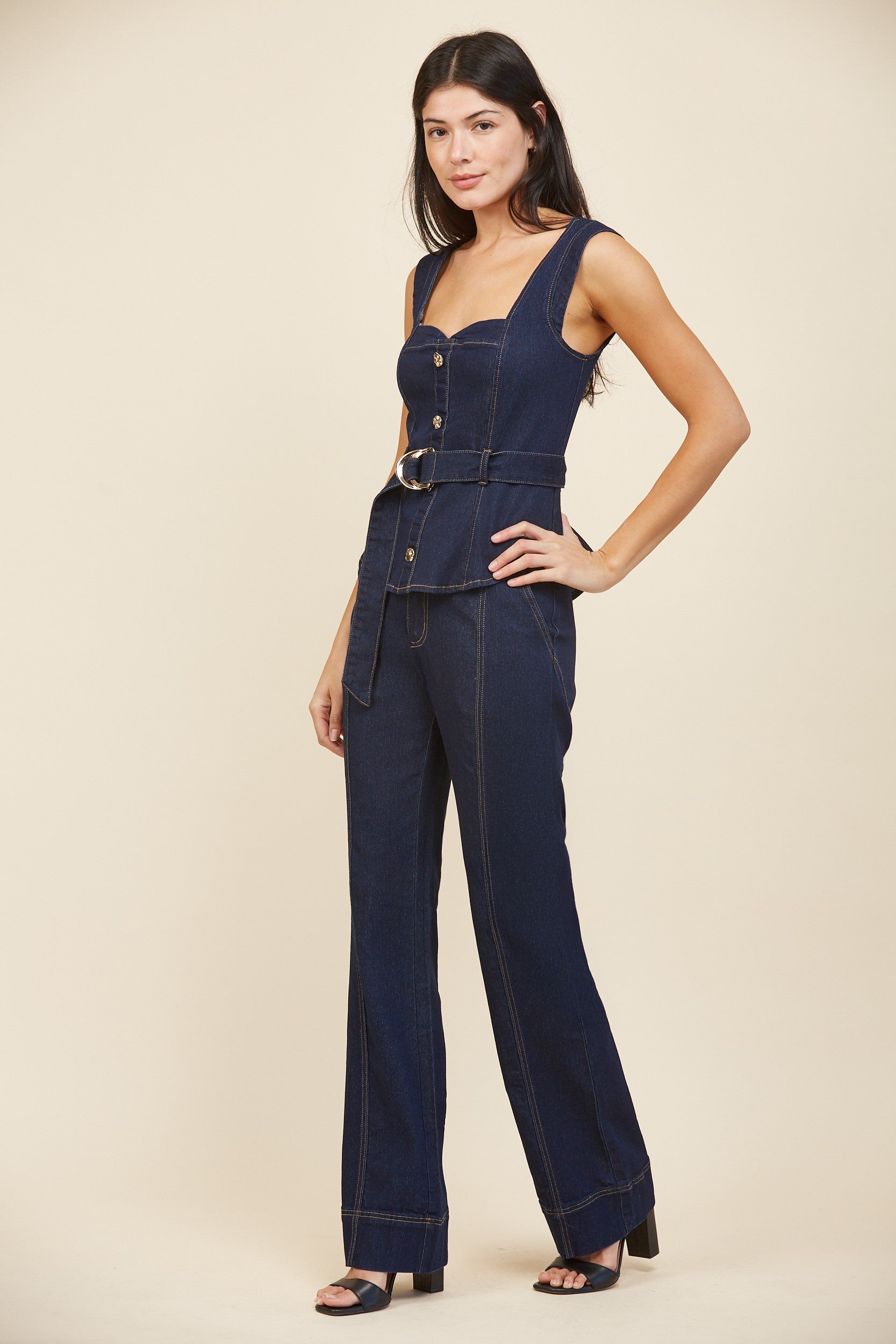 Dark Wash Denim Corset Top with Belted Waist