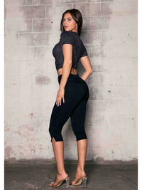 High-Rise Stretch Capri Pants with Side Slit Hem
