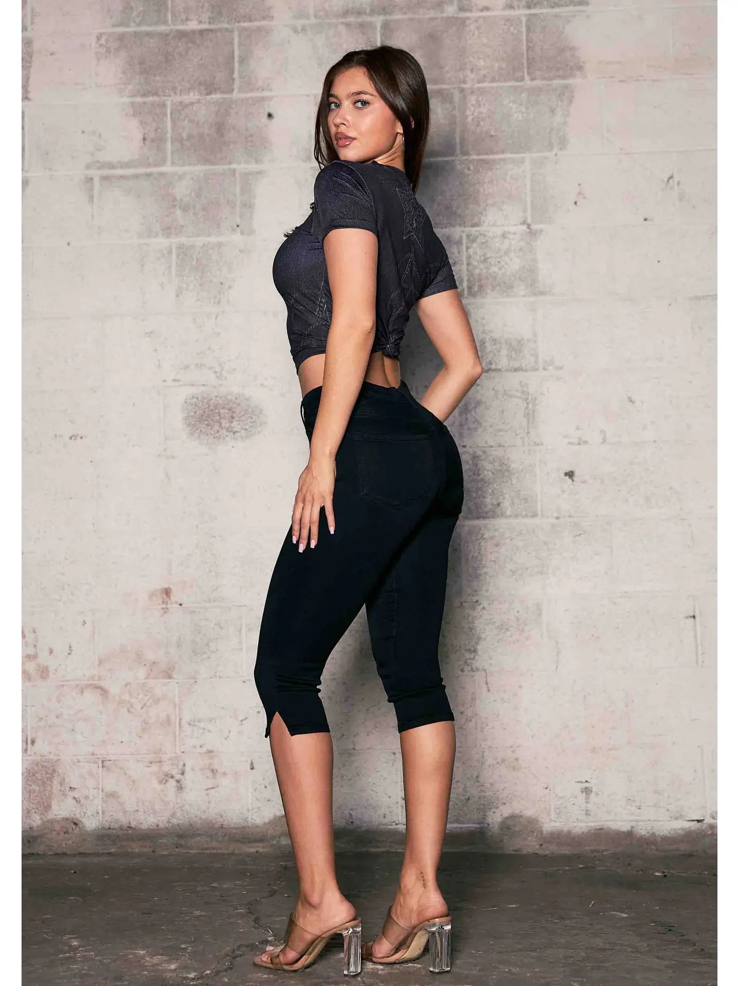 High-Rise Stretch Capri Pants with Side Slit Hem
