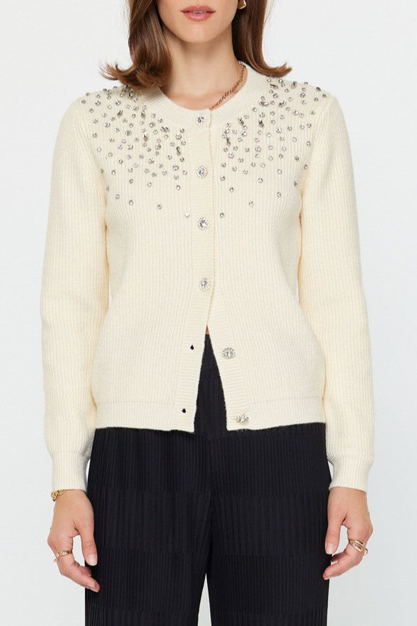 Ivory Crystal Embellished Knit Cardigan