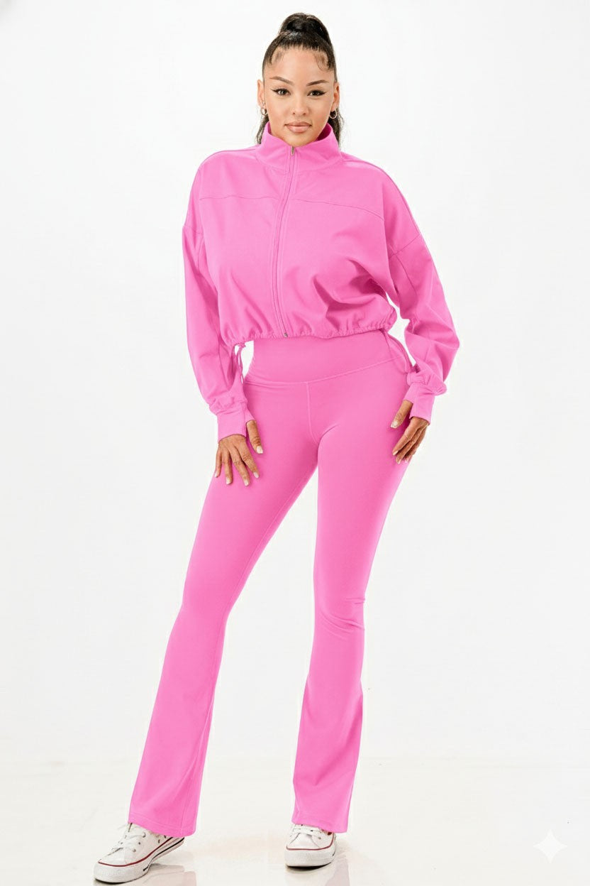 Pink Zip-Up Cropped Jacket and High-Waisted Flare Leggings Set