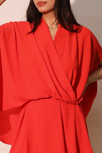 Surplice Wrap Top With Batwing Sleeves In Red