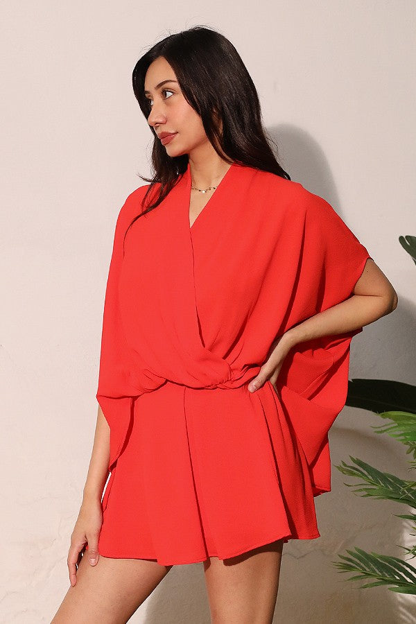 Surplice Wrap Top With Batwing Sleeves In Red