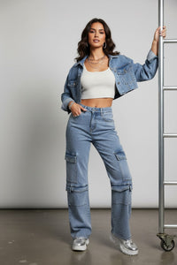 Rhinestone Embellished Denim Cargo Jeans