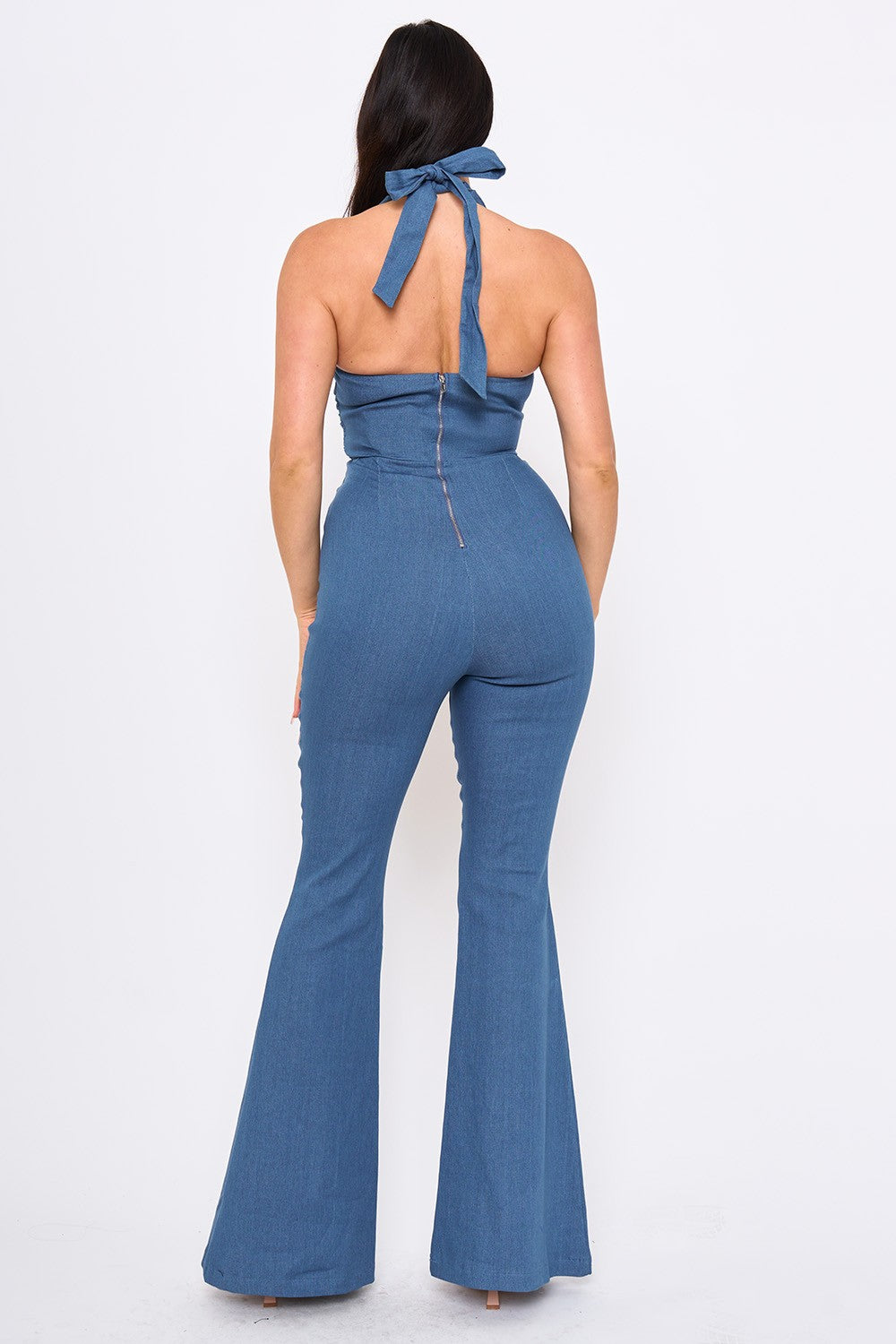 Denim Halter Neck Flare Leg Jumpsuit