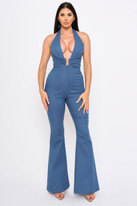 Denim Halter Neck Flare Leg Jumpsuit