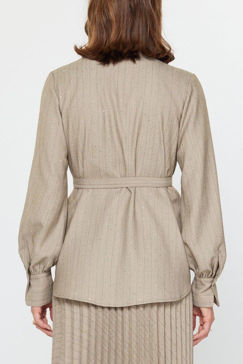 Barley Belted Button-Up Blouse with Subtle Sparkle