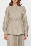 Barley Belted Button-Up Blouse with Subtle Sparkle