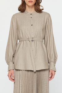 Barley Belted Button-Up Blouse with Subtle Sparkle
