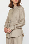 Barley Belted Button-Up Blouse with Subtle Sparkle