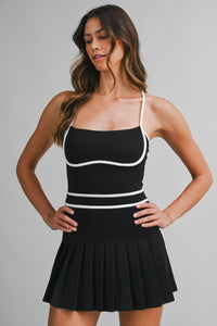 Black and White Contrast Trim Pleated Romper
