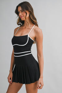 Black and White Contrast Trim Pleated Romper