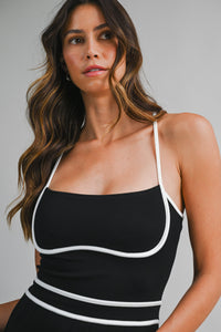 Black and White Contrast Trim Pleated Romper