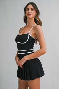 Black and White Contrast Trim Pleated Romper
