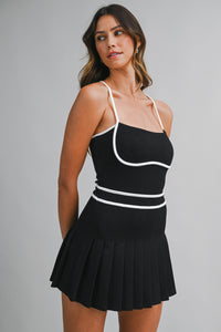 Black and White Contrast Trim Pleated Romper