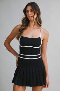 Black and White Contrast Trim Pleated Romper