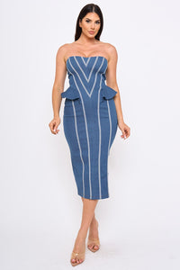 Strapless Denim Chevron Pipe Detail Peplum Midi Dress