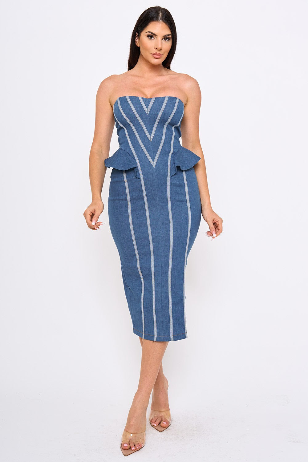 Strapless Denim Chevron Pipe Detail Peplum Midi Dress